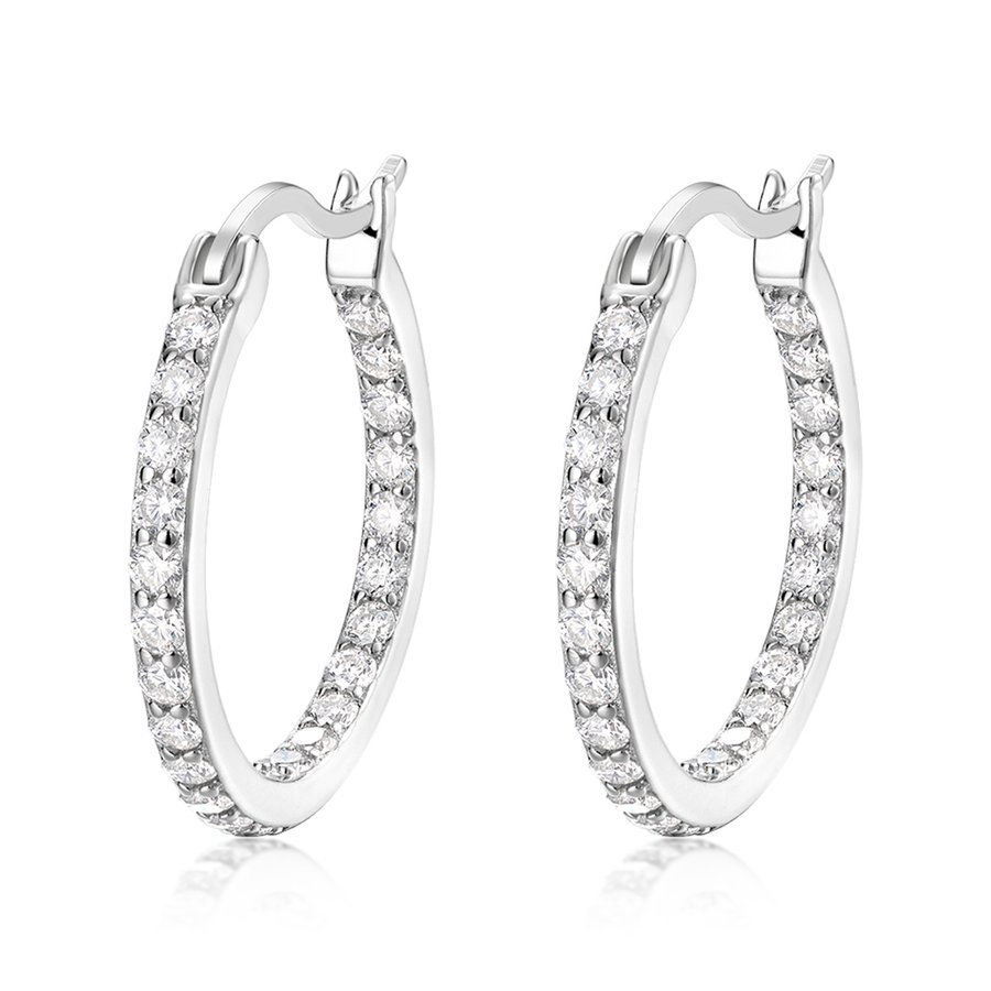 S925 Sterling Silver Pave Hoop Earrings, 46 D-VVS1 Moissanite, Platinum Plated 3g, Women's Fine Jewelry Gift Box