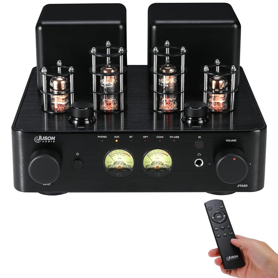 JTA50 2025 Amplificatore a Tubi 130 W Hi-Fi di Fascia Bassa con BT 5.0, Telecomando, AUX, Coassiale, Phono e Ingresso USB, Uscita Subwoofer, Canale 2.1 per Giradischi