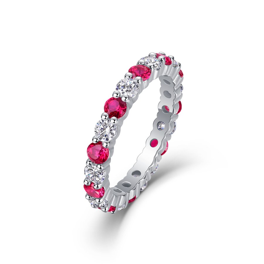 2.4g S925 Sterling Silver Platinum Plated Ring  Synthetic Ruby & White Stone Alternating Eternity Band, Dainty Promise Ring With Hollow Detailing For Women, Jewelry Gift Box Set