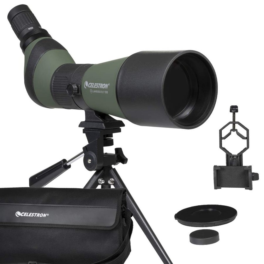 Celestron 52329 LandScout 80mm Cannocchiale ad angolo rinforzato in gomma, ottica completamente rivestita, oculare zoom 20–60x, treppiede da tavolo e adattatore per smartphone, Verde