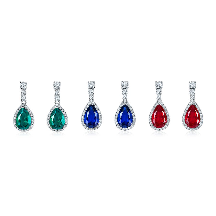 S925 Sterling Silver Teardrop Dangle Earrings, 7x11mm Lab-Grown Ruby Sapphire Emerald With Halo, Platinum Plated 3.2g Women's Jewelry Gift Box