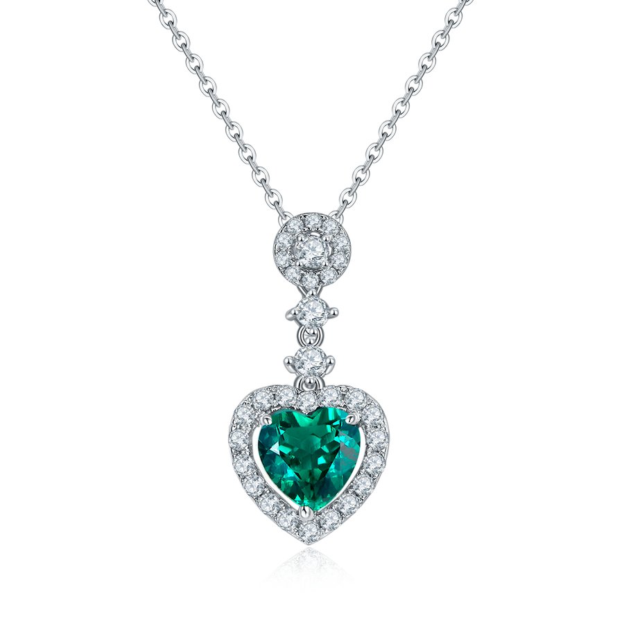 S925 Silver 4.2g Platinum Plated 1.45ct Lab-Created Emerald Heart Necklace, 8mm Halo Pendant, 40&5cm