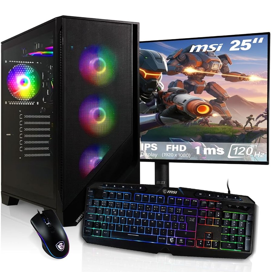 HYPER BYTE® - Gaming PC - Set completo con AMD Ryzen 7 5700G fino 4,6 GHz | 16GB DDR4 | 1TB SSD | Watercooling | Monitor 25 pollici | mouse & tastiera | QWERTY| Win11 Pro | Computer fisso per gamer