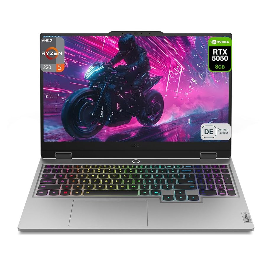 Lenovo LOQ 15AHP10 Gaming Laptop AMD Ryzen 5 220, 32 GB DDR5 RAM, 2 TB PCIe SSD, 15.6" FHD (1920 x 1080) IPS Display, NVIDIA GeForce RTX 5050, layout tastiera tedesca, W11 Home, Luna Grey