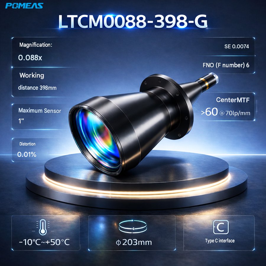 0.088X Industrial Telecentric Lens 203mm Distance 1.1 Inch Measurement Model PMS-LTCM0088-398-G
