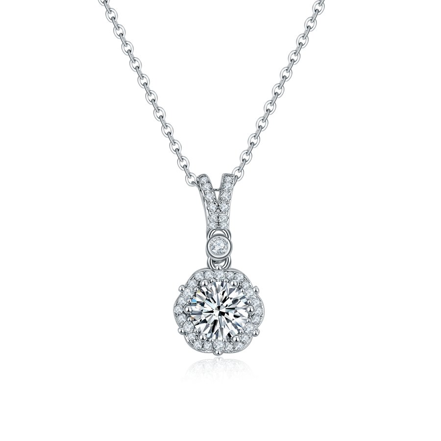 S925 Sterling Silver 6.5mm Round Moissanite Halo Necklace D Color VVS1 38&41.5cm V-Pave Bail GRA Certified Gift Box
