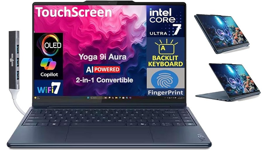 Lenovo Yoga 9i Aura Edition - Computer portatile 2 in 1 ad alte prestazioni da 14 pollici touchscreen OLED 2,8 K (Intel Ultra 7-258V, LPDDR5X da 32 GB, SSD da 1 TB, KB retroilluminato, impronte