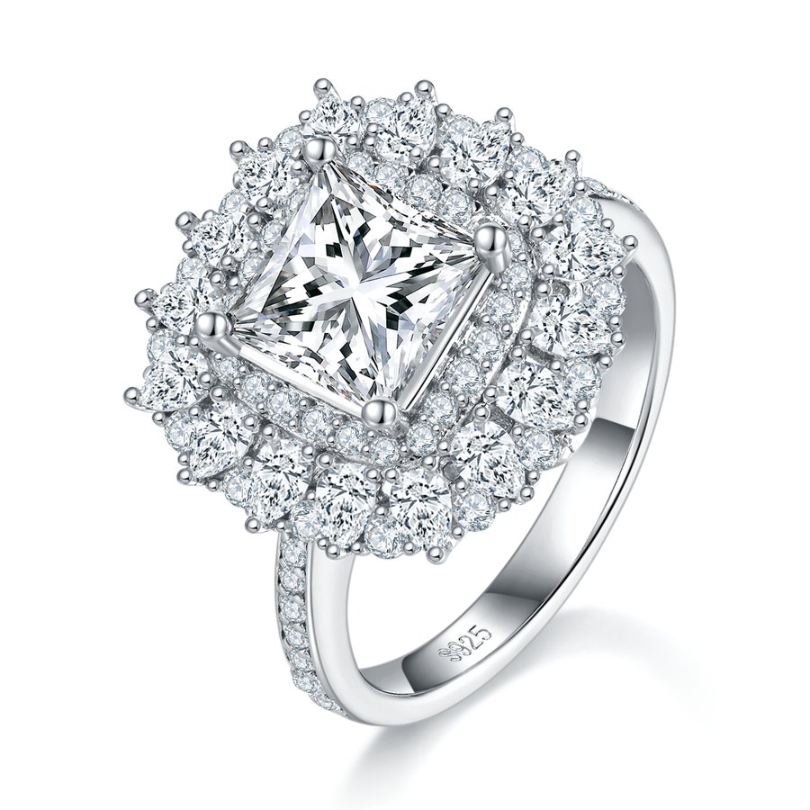 S925 Sterling Silver 2ct Princess Cut Moissanite Ring, D-VVS1 Double Halo Cluster, Platinum Plated 5.8g US Sizes 5-9, GRA Certificate Gift Box