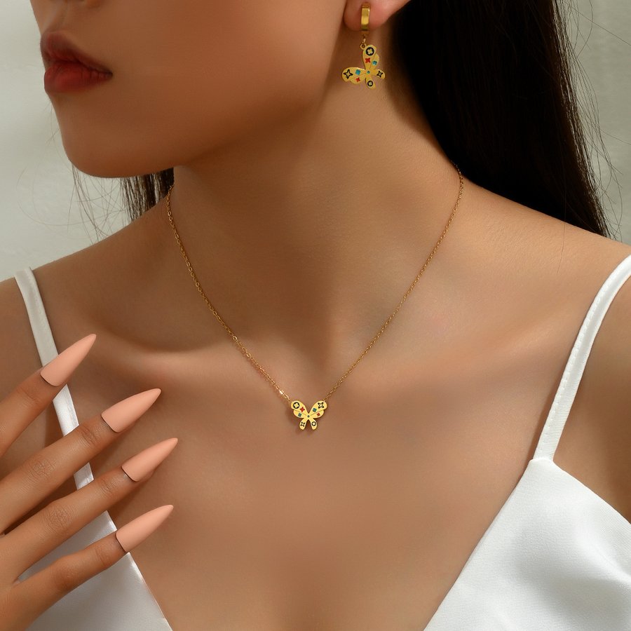 Europe And The United States Cross-border Jewelry Personality Earrings Necklace Suit Niche Oil Bow Design Clavicle Chain Eardrop Earrings