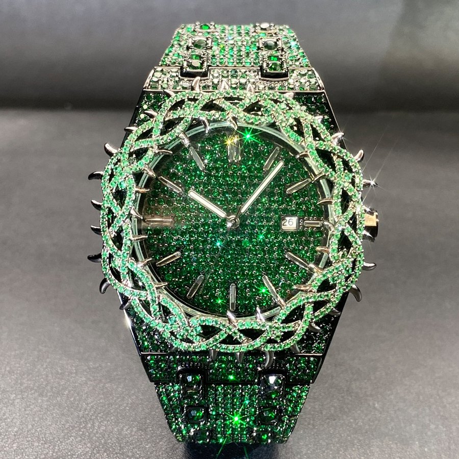 Hip-Hop Mens Watch With Green Full-Covering Zircon Inlays