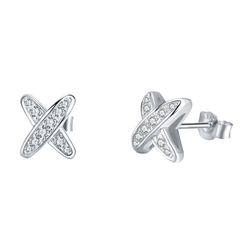 S925 Sterling Silver X-Shape Stud Earrings, D-VVS1 Moissanite Pave, Platinum Plated 1.5g Women's Jewelry Gift Box