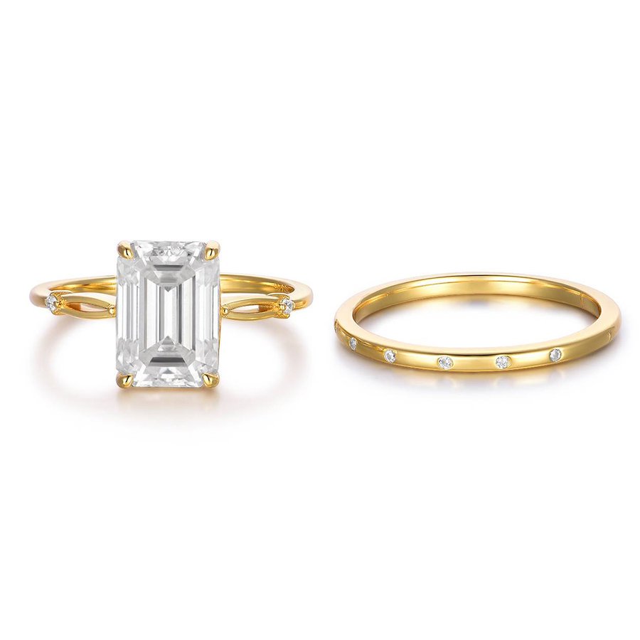 S925 Silver Gold Plated 3.5ct Emerald Cut Moissanite Bridal Ring Set D Color VVS1 US Size 6-9 GRA Certified Gift Box