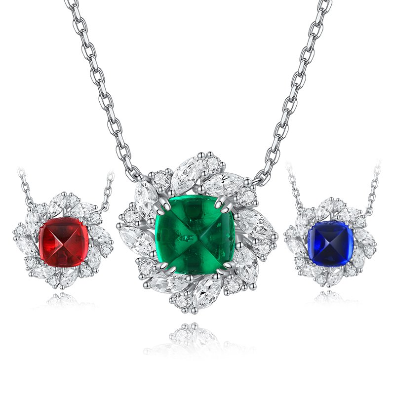 S925 Silver 5.6g Lab-Created Ruby Sapphire Emerald Necklace, 9x9mm Cushion Cut, 40&5cm
