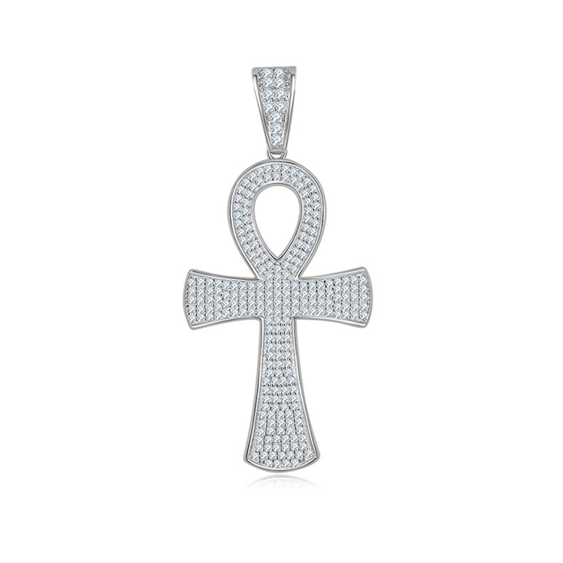 S925 Sterling Silver 240pcs D Color VVS1 Moissanite Iced Out Ankh Pendant 7.2g No Chain Platinum Plated GRA Certified Gift Box