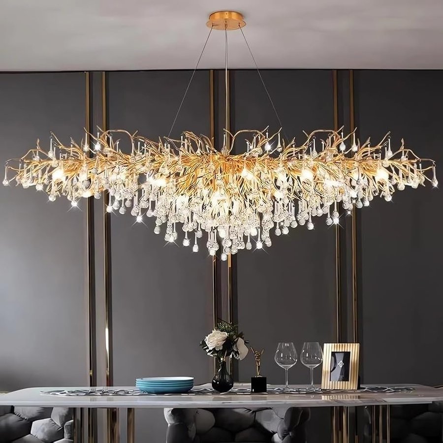 Lampadario a forma di ramo di albero di lusso rettangolare in cristallo con goccia d'acqua, lampada a sospensione a 12 luci per isola di cucina, soggiorno, sala da pranzo, ingresso, oro, lunghezza 120