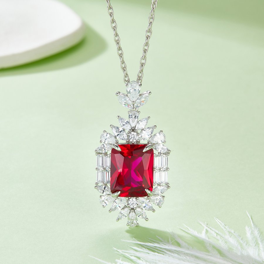 S925 Silver 14.6g 12.86ct Lab-Created Ruby Necklace, 15x12mm Halo Pendant, 40&5cm