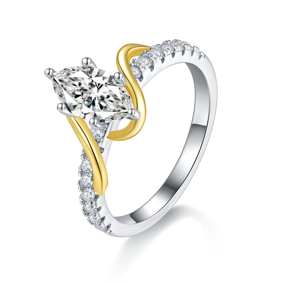S925 Sterling Silver Two-Tone Marquise Moissanite Ring 5x10mm D Color VVS1 Interlocking Gold Silver Design US Size 5-9 GRA Certified Gift Box