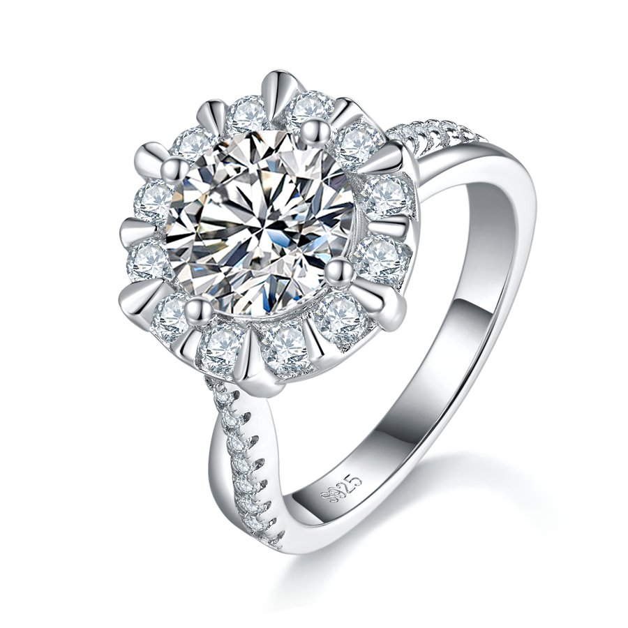 S925 Sterling Silver 2ct Moissanite Ring, 8mm D-VVS1 Sunflower Halo Setting, Platinum Plated 5.3g US Sizes 5-9 GRA Gift Box