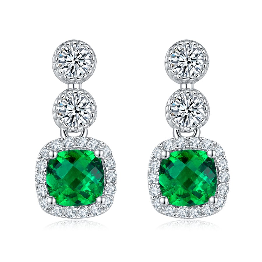 S925 Silver 2.2g Platinum Plated 0.98ct Lab-Created Emerald Drop Earrings, 5mm Halo Studs, Pair