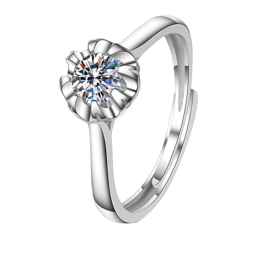 Anello Oro Bianco Donna, Anelli in Oro Bianco da Donna Solitario Fiore con Diamante Creato in Laboratorio