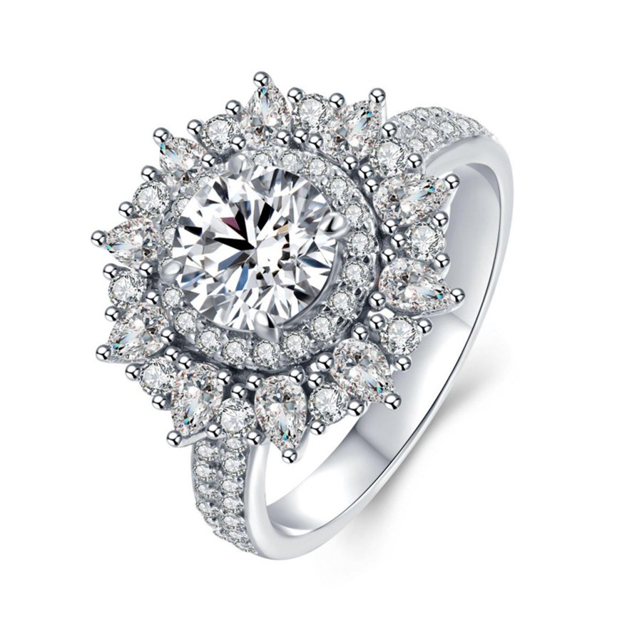 S925 Sterling Silver 2ct Moissanite Sunburst Ring 8mm D Color VVS1 Double Halo Pave US Size 5-9 Lab Emerald Option GRA Certified Gift Box