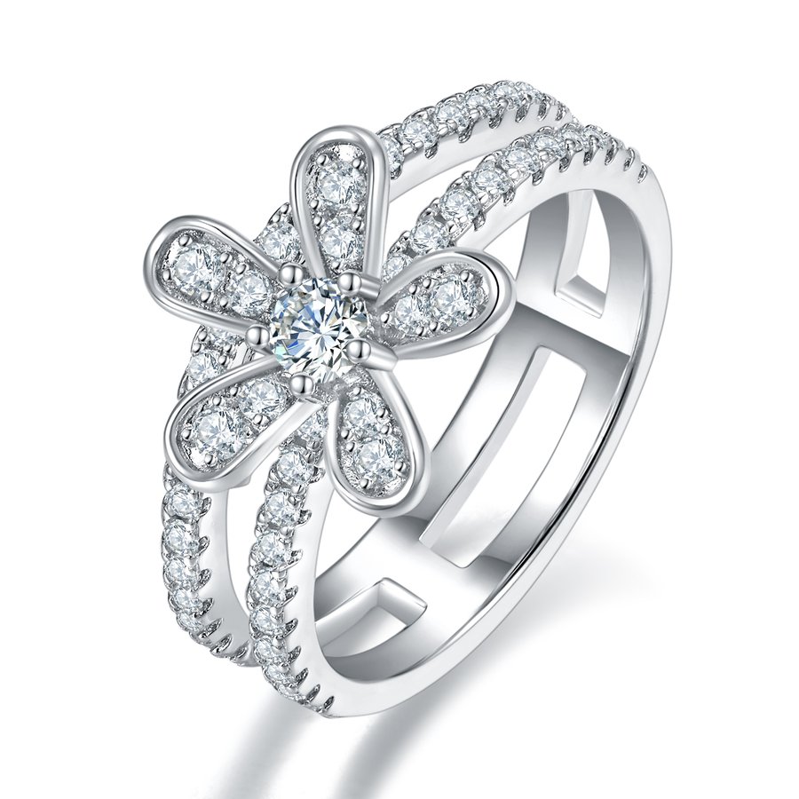 S925 Sterling Silver 3mm Moissanite Flower Ring Pave Double Band D Color VVS1 US Size 5-9 GRA Certified Gift Box