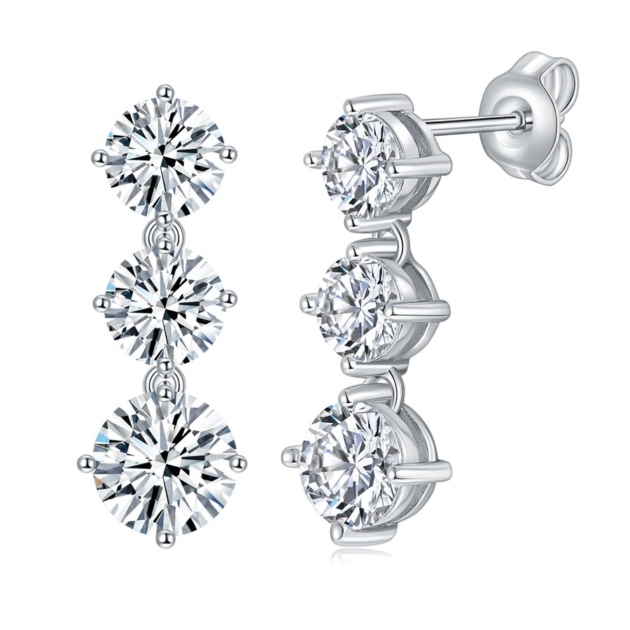 S925 Sterling Silver Moissanite Dangle Earrings 3-Stone Round Cut Vertical Drop Earrings With GRA Certificate Platinum Plated Fine Jewelry Gift Box Set For Women