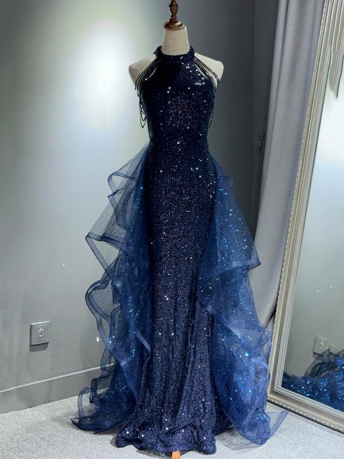 Sequin Halter Beaded Strap Mermaid Ruffle Tulle Train Evening Gown