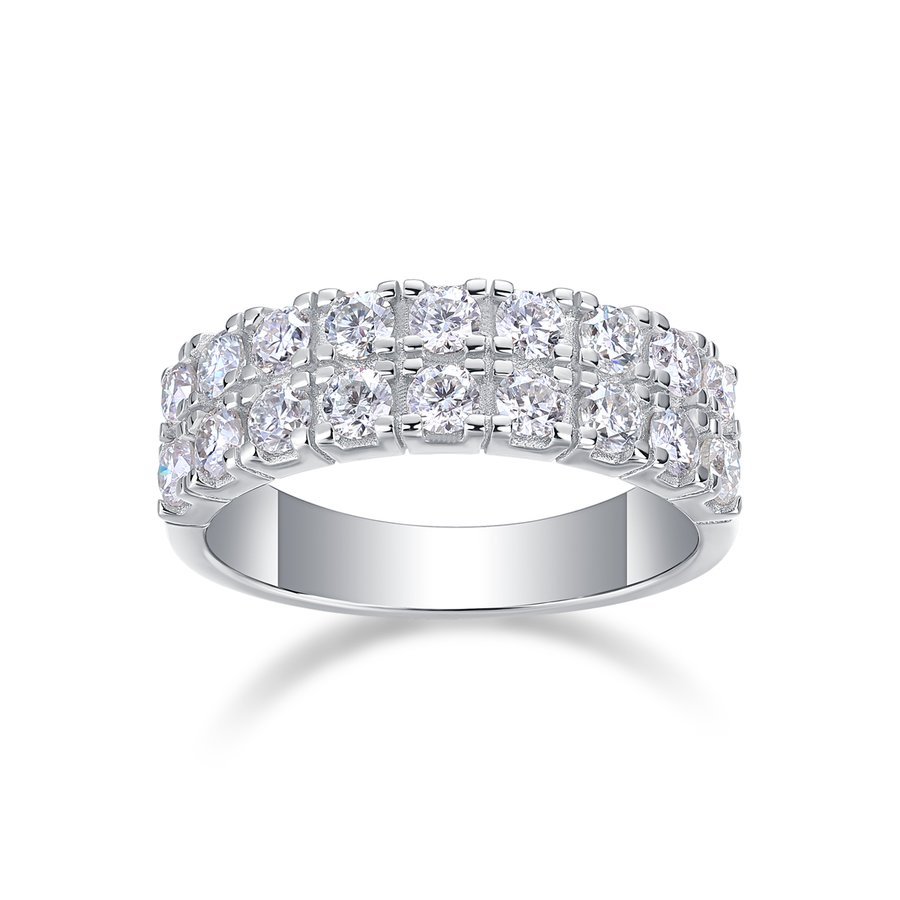S925 Silver 4.1g Platinum Plated Moissanite Ring, 6.5mm Double Row Pave 18 Stones D VVS1, GRA Certified US 5-9