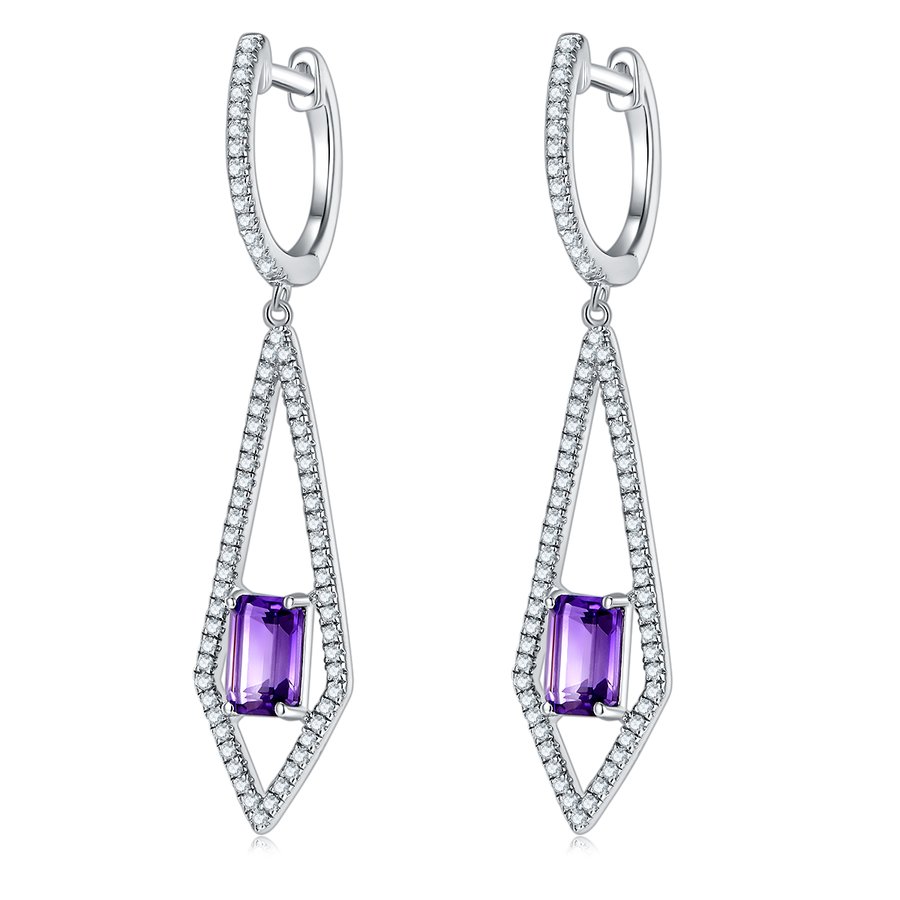 S925 Sterling Silver Dangle Earrings 6x4mm Natural Amethyst, Platinum Plated Long Kite Drop Earrings For Women, Fine Jewelry Gift Box Set
