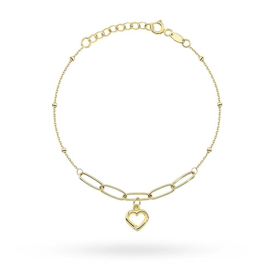 Bracciale da donna in oro giallo 585 (14 carati), con maglie a forma di cuore e sfere, 17-19 cm