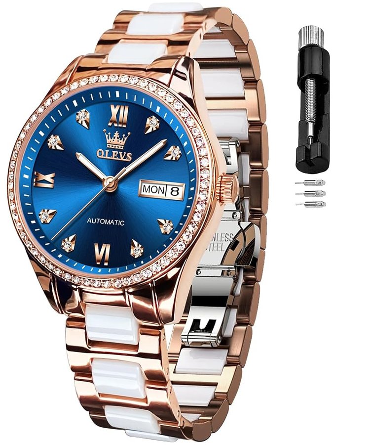 Orologio automatico da donna a carica automatica, orologio da polso da donna con diamanti, orologio di lusso in ceramica oro rosa per donne amore cuore data