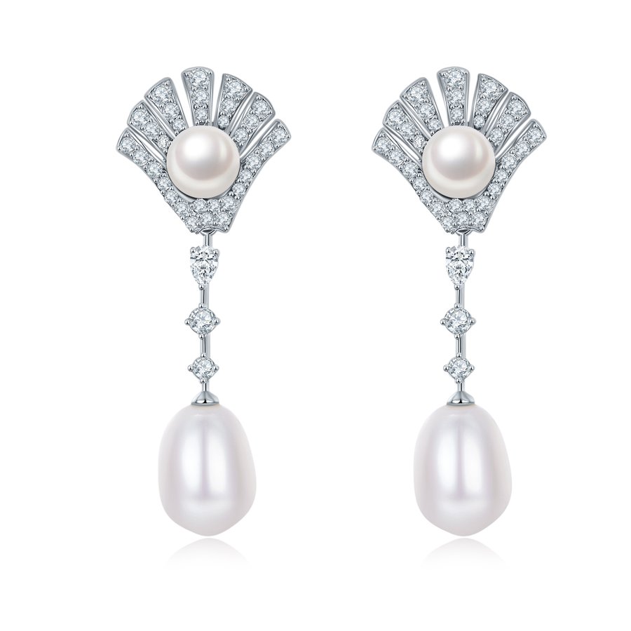 S925 Sterling Silver Pearl Dangle Earrings, Fan Pave, Teardrop Pearl, Platinum Plated, 4.5g, Gift Box