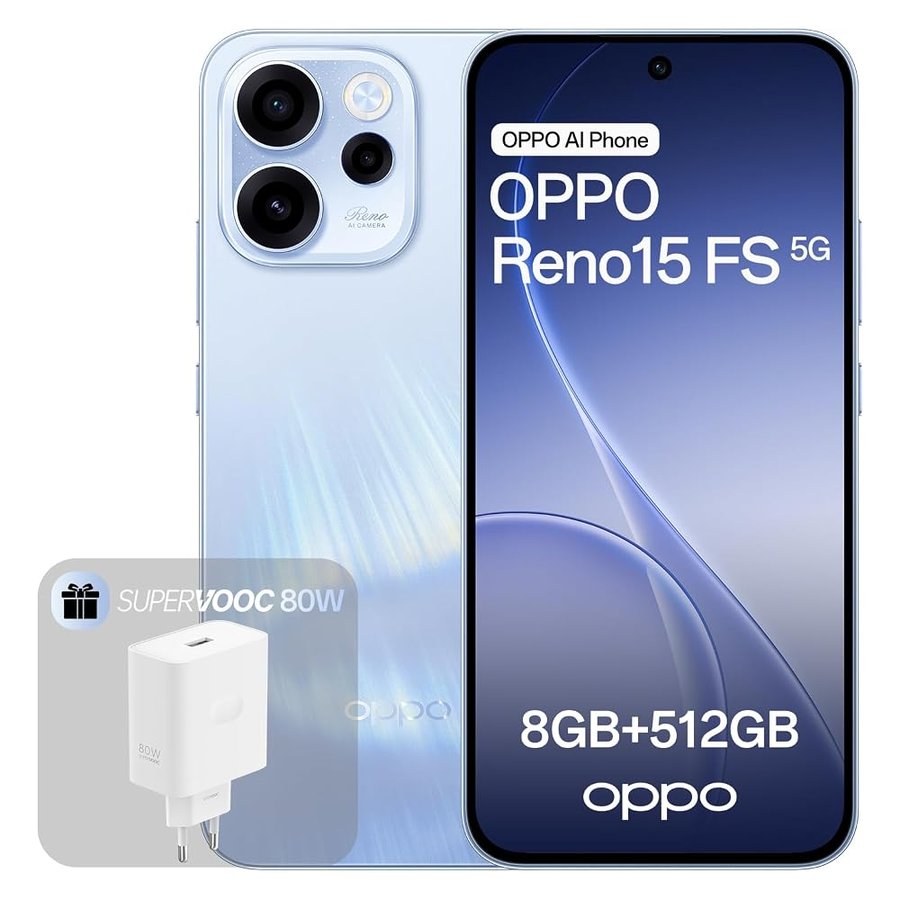 OPPO Reno15 FS 5G Smartphone Sbloccato, 8+512GB, Fotocamera Grandangolare 50MP FOV 100°, Display 6.57" 120Hz, AI Portrait Glow, Batteria 6500mAh, IP69, Aurora Blue (Include Caricatore 80W SUPERVOOC)