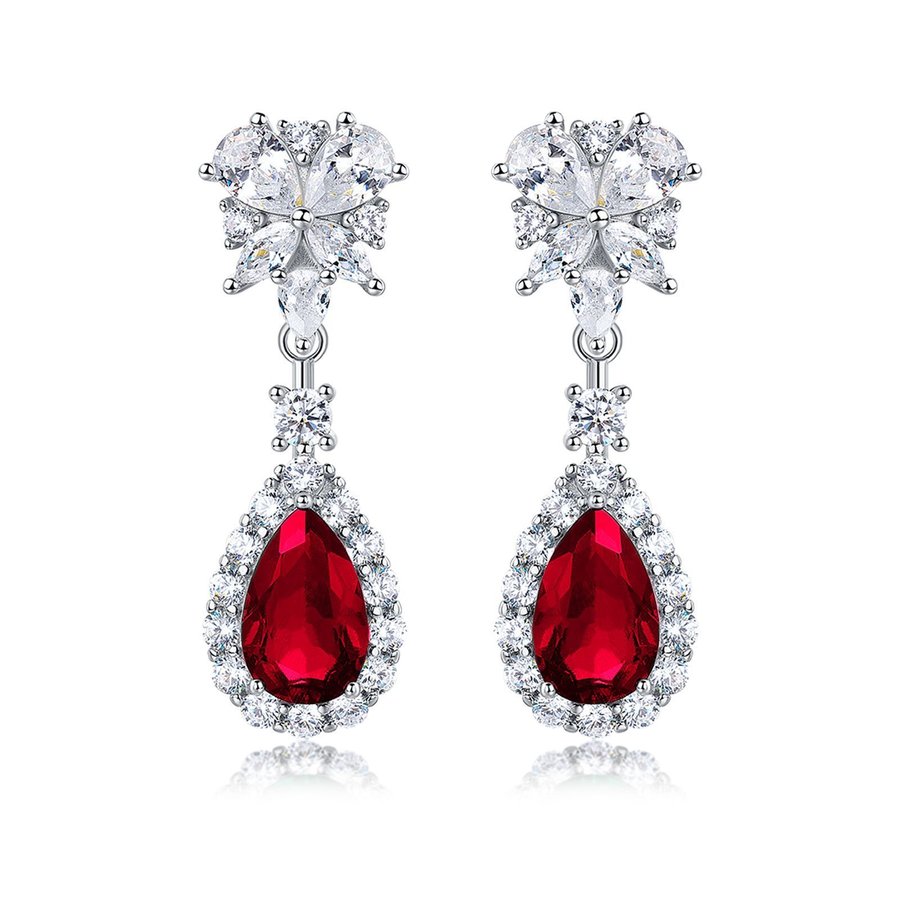 S925 Sterling Silver Teardrop Dangle Earrings, 7x11mm Lab-Grown Ruby Sapphire Emerald, Platinum Plated 4.5g Women's Jewelry Gift Box