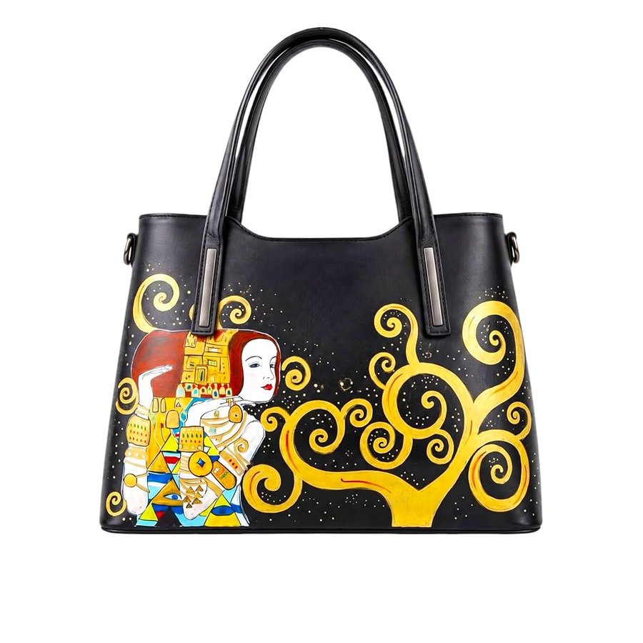 Borsa Dipinta a Mano – L' ALBERO DELLA VITA DI GUSTAV KLIMT - Borse Donna, Tracolla Regolabile, Vera Pelle, Made in Italy, Borsa a Tracolla a Spalla, Lavorazione Artigianale, Colore Nero