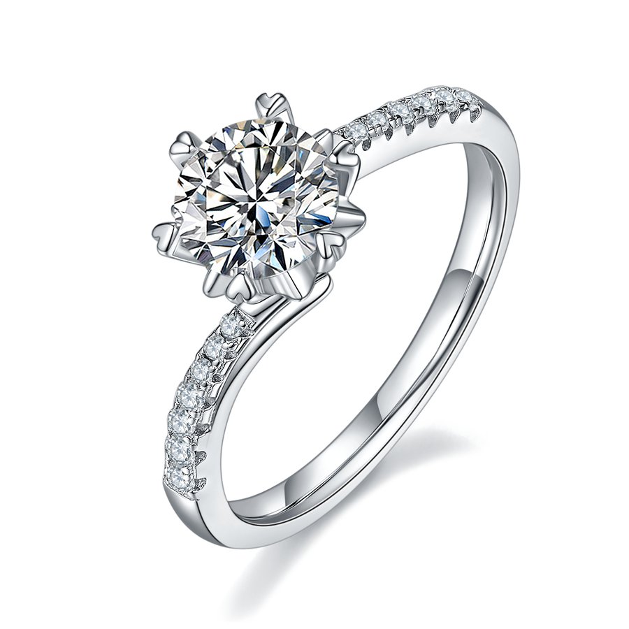 S925 Sterling Silver 1ct Moissanite Engagement Ring, D-VVS1 Round Cut, Platinum Plated, 6-Prong Heart Setting, US Sizes 5-9 With GRA Certificate Gift Box