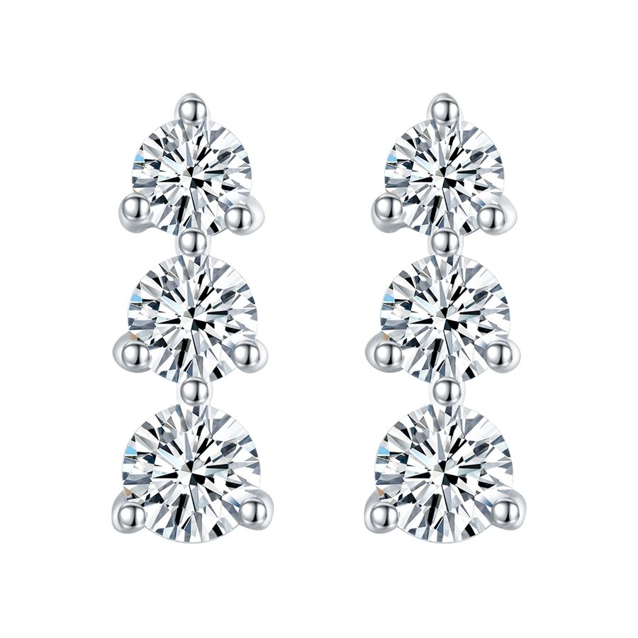 S925 Sterling Silver Moissanite 3 Stone Earrings  Round Cut Screw Back Studs With GRA Certificate Platinum Plated Vertical Drop Jewelry Gift Box Set For Women