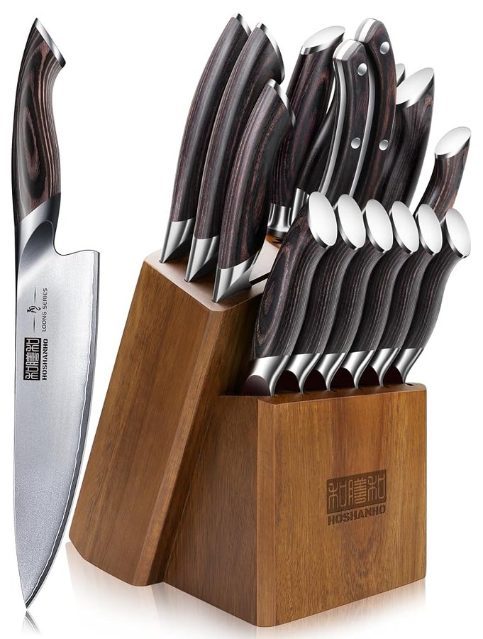 HOSHANHO Set Coltelli da Cucina 16 PCS, Professionali Set Coltello da Chef | Coltello da Cucina Ultra Affilati in Acciaio Inossidabile Giapponese con Affilatore, con Manico in Legno di Pakka