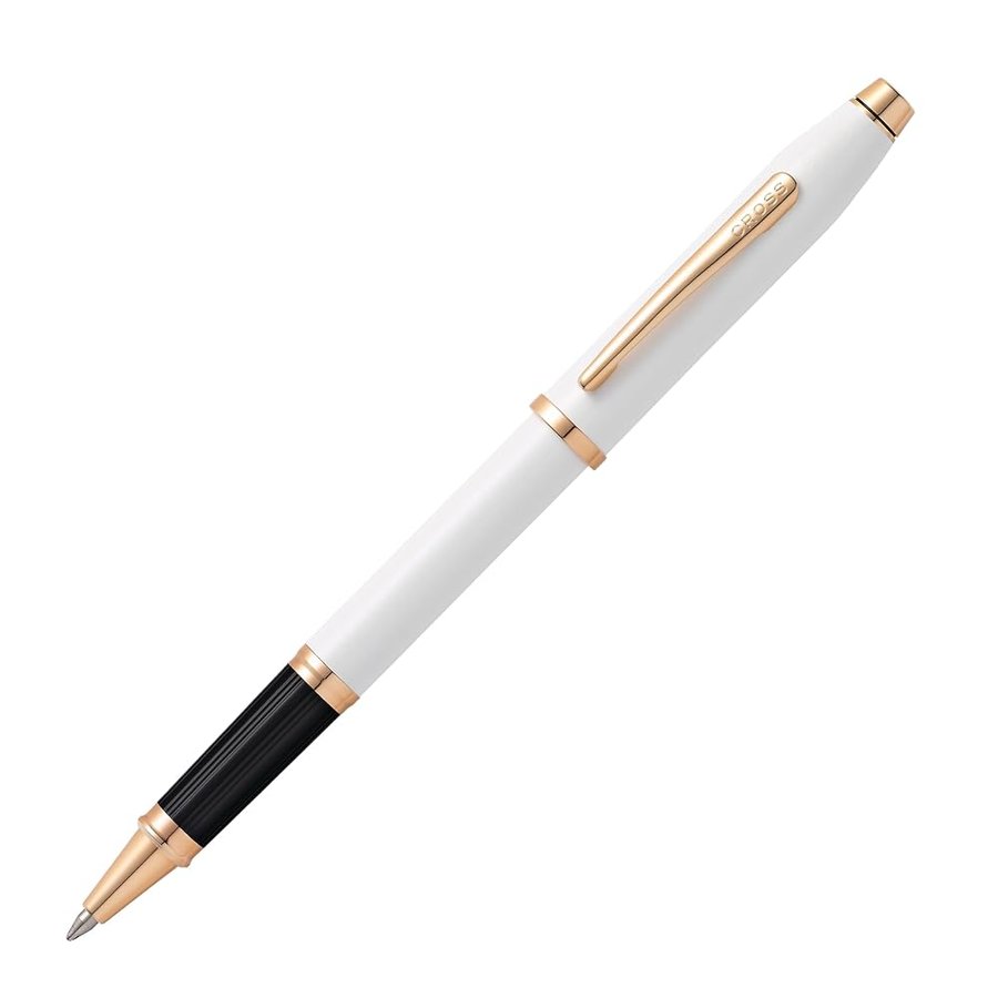 CROSS Century II - Penna roller (accessori in oro rosa, colore inchiostro: nero, con confezione regalo di lusso), vernice bianca perla