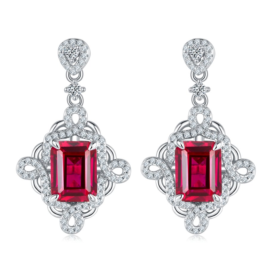 S925 Silver 4.4g Platinum Plated Lab-Created Ruby Drop Earrings, 8x6mm Emerald Cut 4ct, Pair