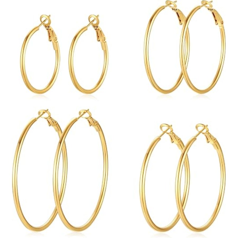4 Pairs Hoop Earrings For Women, 14K Gold Plated Silver & Gold Hoop Earrings Set, Lightweight Hypoallergenic Dangle Jewelry