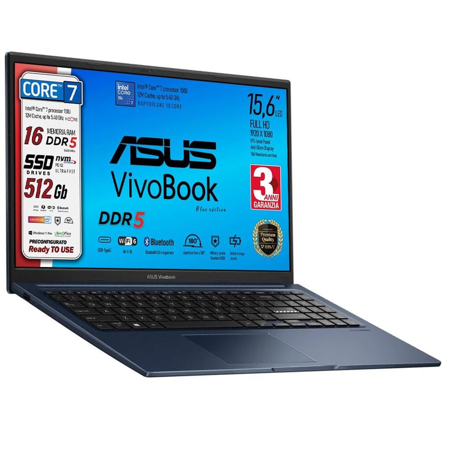 ASUS Computer portatile, Intel i7, 16Gb, SSD 512 Gb, 15,6 FHD Ready to Use