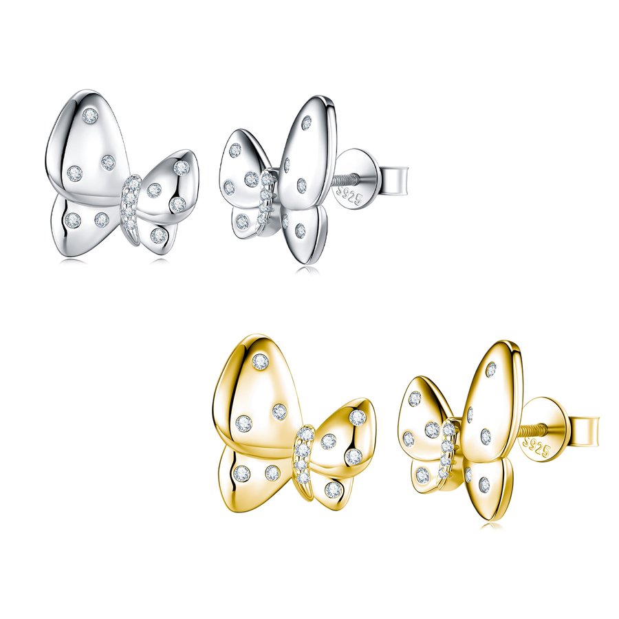 S925 Sterling Silver Butterfly Stud Earrings, D-VVS1 Moissanite Polished Wings, Platinum Plated 3.1g Women's Jewelry Gift Box Set
