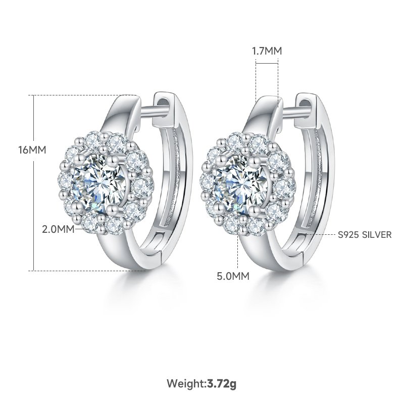 S925 Sterling Silver 5mm Moissanite Hoop Earrings  16mm Halo Huggie Hoops With GRA Certificate, Platinum Plated Jewelry Gift Box Set For Women