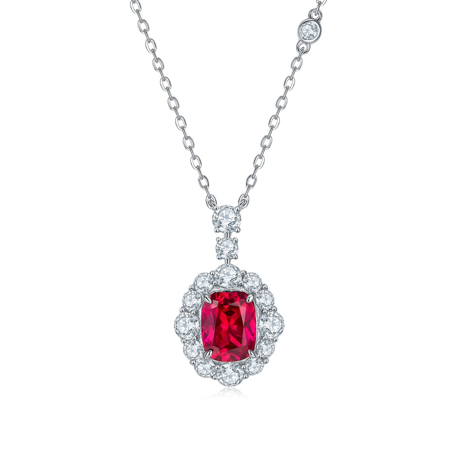 S925 Silver 5g Platinum Plated 4ct Lab-Created Ruby Necklace, 9x7mm Halo Pendant, 40&5cm