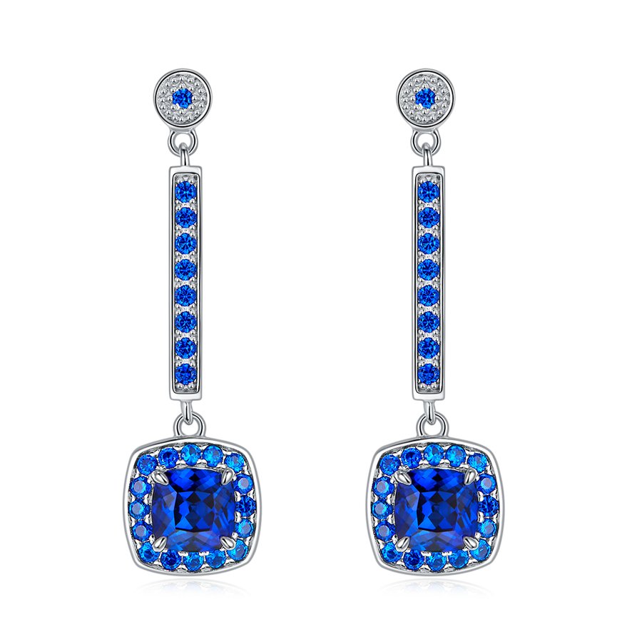 S925 Silver 4.5g Lab-Created Sapphire Drop Earrings, 2ct 6x6mm Cushion, Pair