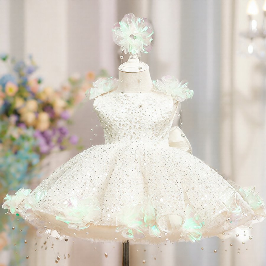 Sequin Pearl Flower Girl Princess Dress Gala Gown