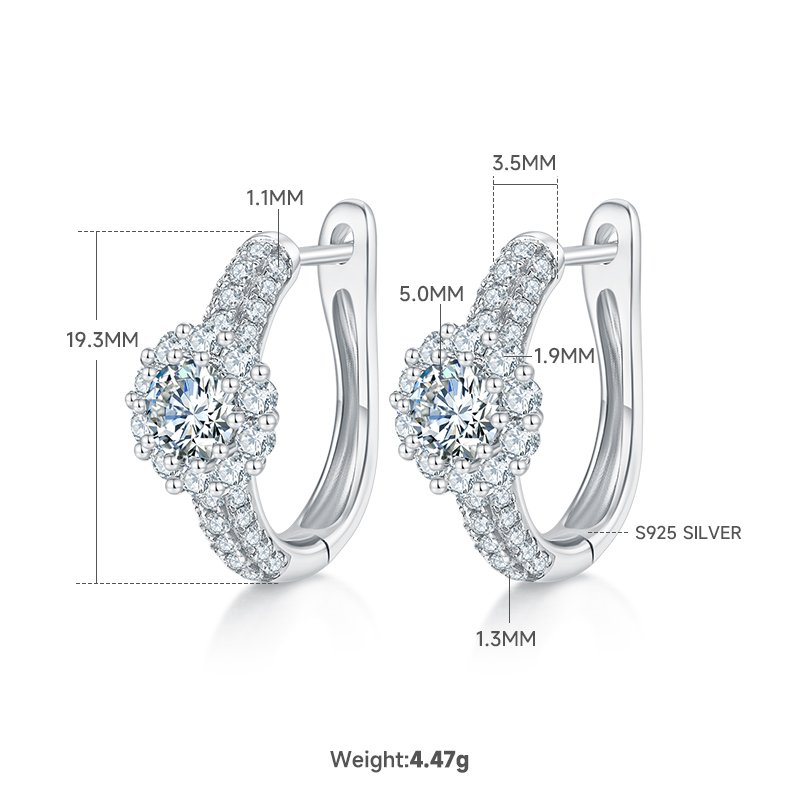5.4g S925 Sterling Silver 5mm Moissanite Halo Hoop Earrings  Pave Huggie Hoops With GRA Certificate, Platinum Plated Jewelry Gift Box Set For Women
