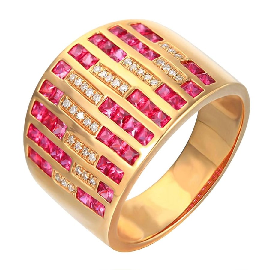 Anelli Fede Nuziale Donna, Anello Donna Matrimonio Oro Rosa 18K Largo Fila Lusso con Rubino Sintetico da 1.41ct e Moissanite da 0.11ct Anelli per Fidanzata, Sposa Oro Rosa